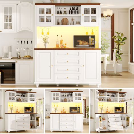 Highboard Küchenschrank mit RGB-LED-Beleuchtung, verstellbaren Böden, Metall-Weinglashalter, MDF-Korpus, Gummibaumholz-Füße, moderner Aufbewahrungsschrank für Küche und Wohnzimmer, Weiß (1/5)