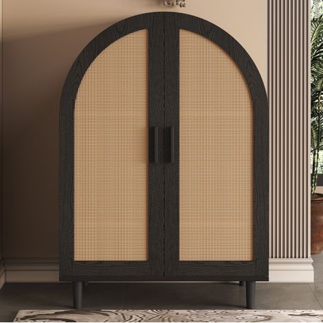 Scarpiera legno con esterno arrotondato, ante traforate in rattan e 3 ripiani, altezza 100 cm (1/5)