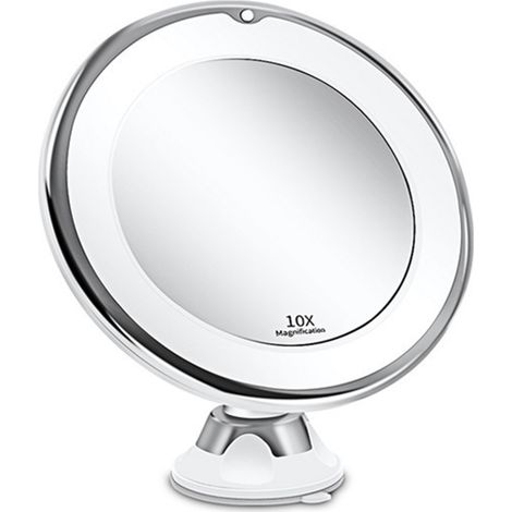 Espejo de maquillaje LED con aumento de 10x y 18 LED para iluminación adicional. Espejo de maquillaje portátil con luz y ventosa. (1/5)