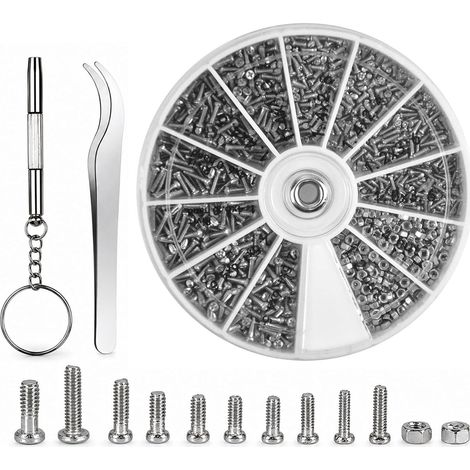 Kit da 600 viti e dadi piccoli, M1 M1.2 M1.4 M1.6 12 tipi di viti per occhiali da sole, kit di riparazione per occhiali, con cacciavite e pinzette, per riparazioni di orologi ed elettronica (1/5)