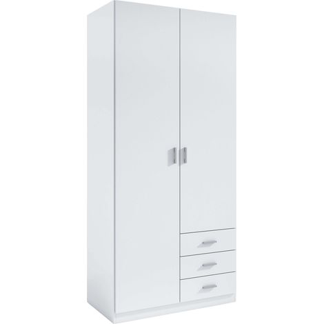 Armario Ropero Roma con 3 cajones 2 Puertas Blanco, Armario Vestidor Habitación Matrimonio o Juvenil 216x100x53 cm (1/5)