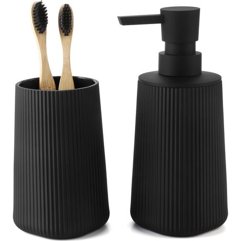 Lot de 2 accessoires de salle de bain - Distributeur de savon de 250 ml et gobelet à dents - Design moderne rainuré en plastique ABS - Pour lavabo et étagère de salle de bain - Noir (1/5)