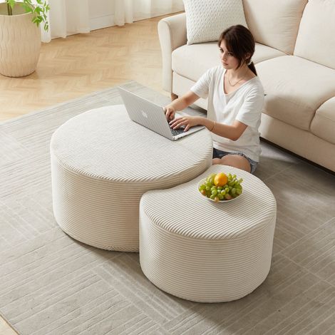 Set de 2 Tables Basses Gigognes Rondes, Poufs Ottomans Rembourrés en Mousse, Style Moderne, Beige (1/5)