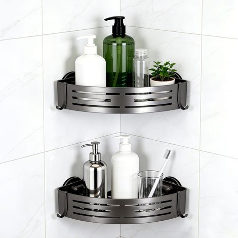 Support de Douche d'Angle 2 Etages avec Ventouses Lot de 2 Etagères d'angle en Aluminium Améliorées Organiseur de Salle de Bain Amovible Rangement Mural pour Cuisine Caddies de Salle de Bain (1/4)