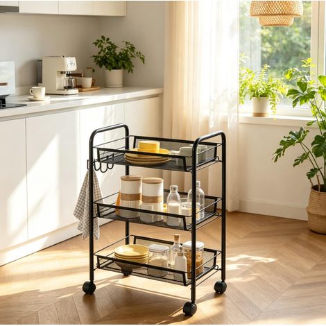 3-stufiger Rollwagen mit Drahtkörben und Haken, schwarz OKMYHOME (1/5)