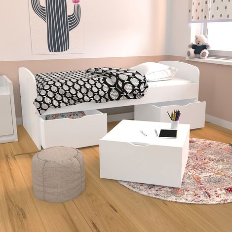 Bett MIA 90x190 + 1 Bettkasten + 2 Schubladen + 1 Kasten Couchtisch / Weiß/ 193x95x75 cm (1/4)
