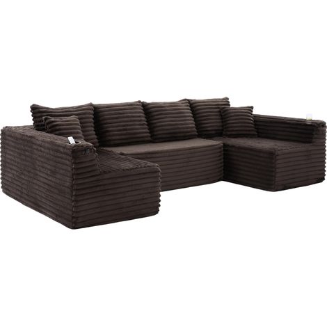 Divano modulare a U in tessuto effetto corda marrone, 4 cuscini schienale, 2 decorativi (1/5)