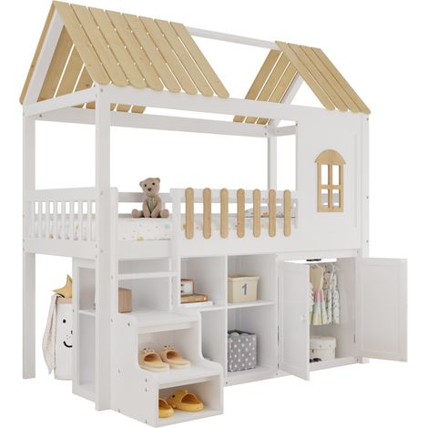 Lit mezzanine enfant 90x200 cm avec rangements, armoire, escalier coffre, fenêtre déco et design maison blanc et bois clair, pour chambre ludique  CHICFURN (1/5)