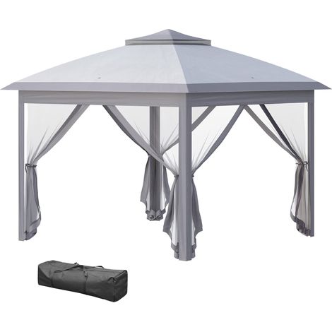 Tonnelle pliante de jardin, toile métallique et textile, rideaux voilages, trous de drainage, 330 cm (L) x 330 cm (l) x 288 cm (H), grise