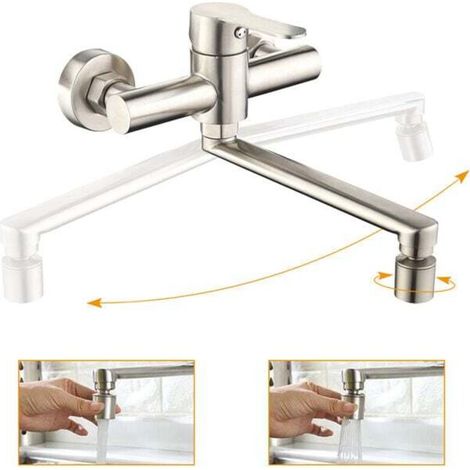 360° Swivel Wall-Mounted Kitchen Faucet – Brushed Steel Sink Mixer Tap, 2 Spray Patterns, Modern and Practical Design