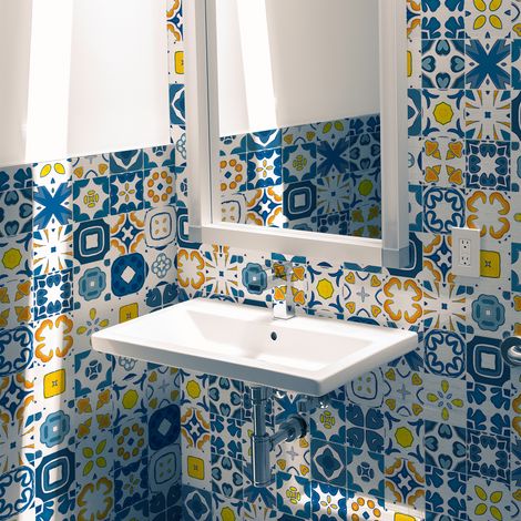 Sticker Mural Carrelage adhésif Cuisine Salle de Bain - 30 STICKERS CARREAUX DE CIMENT AZULEJOS ANIA - 30stickers10x10cm (1/5)