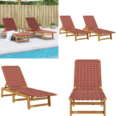 Chaises longues lot de 2 rouge bois d'acacia solide et tissu - Chaise longue bois acacia - Chaise longue extérieure rouge (1/5)