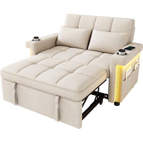 Divano letto 2 posti in ciniglia beige con LED, porte USB e Type-C, schienale regolabile (1/5)