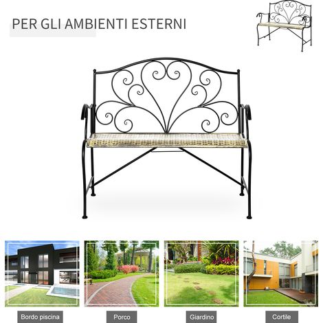 Banc extérieur 2 places en fer forgé vintage noir, assise rétro robuste pour terrasse, mobilier de jardin élégant