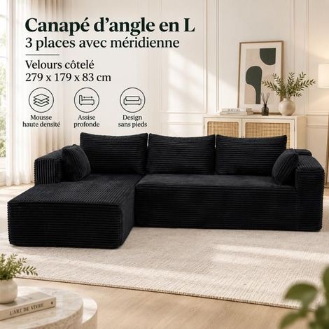 Canapé d'angle 279x179x83cm velours côtelé noir - Canapé Modulable - 4 places, sans armature, sans montage, assise profonde (1/5)