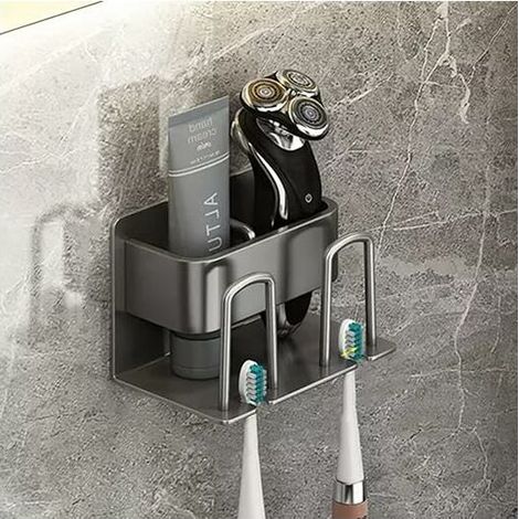 Porta spazzolino da denti a parete senza foratura, porta spazzolino elettrico, porta spazzolino adesivo con 2 porta bicchieri + 2 scomparti per testine spazzolino