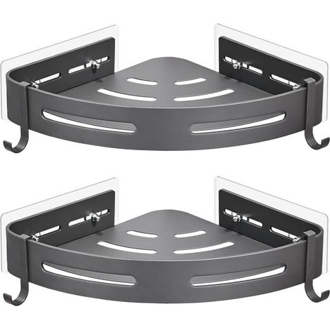 Étagère de douche d'angle sans perçage en métal avec 2 crochets de douche, antirouille, autocollante, pour salle de bain (gris) (1/2)