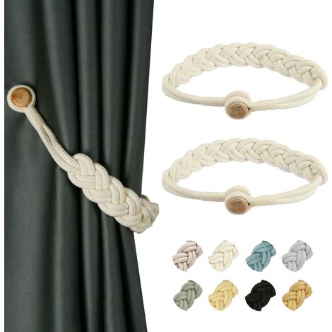Lot de 2 attaches magnétiques pour rideaux, boucles de rideaux en corde de coton faites main, blanches (1/4)