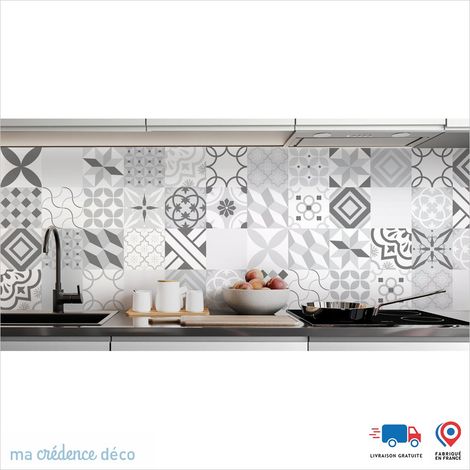 Crédence : Carreaux ciment gris et couleurs - Couleur Gris platine - Alu composite - 120 - 60 (1/3)