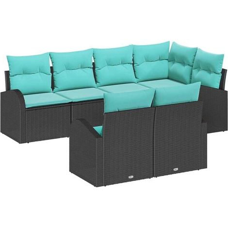 Ensemble de Canapé de Jardin 7 Pièces, Rotin Synthétique Noir et Turquoise (1/5)
