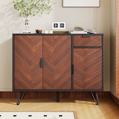 Aparador de MDF y aglomerado negro y madera, 90 x 30 x 71,5 cm, 3 puertas, 1 cajón y baldas regulables (1/5)