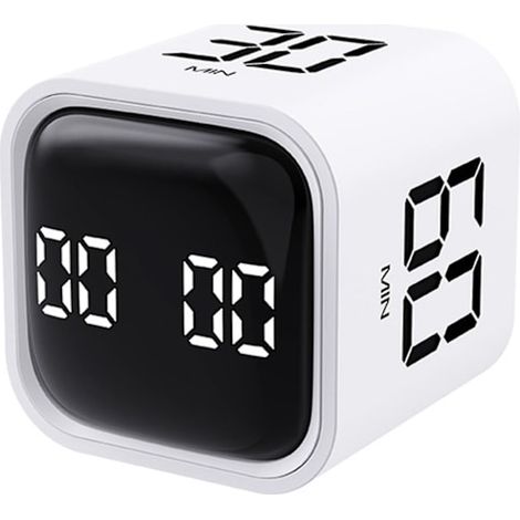 Produktivitätswürfel-Timer mit Schwerkraftsensor, wendbarem LED-Display, 4 voreingestellten Laufzeiten, Dual-Modus, Zeitsteuerung, Countdown-Timer, ideal für Küche und Arbeitszimmer, weiß