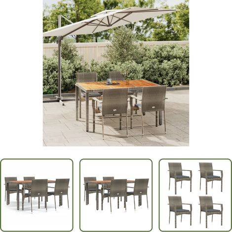 Gartenessgruppe - 5-tlg. Garten-Essgruppe mit Kissen Grau Poly Rattan (1/5)