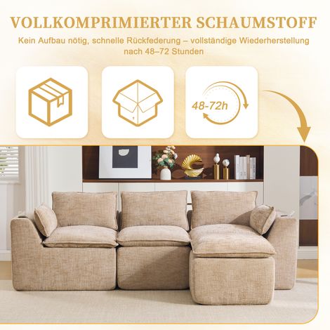 Canapé d'angle convertible 3 places, pouf inclus, accoudoirs avec rangements, 2 vide-poches, porte-verres intégré. Mousse haute résilience et ressorts, revêtement en tissu velours kaki, parfait pour s (1/5)