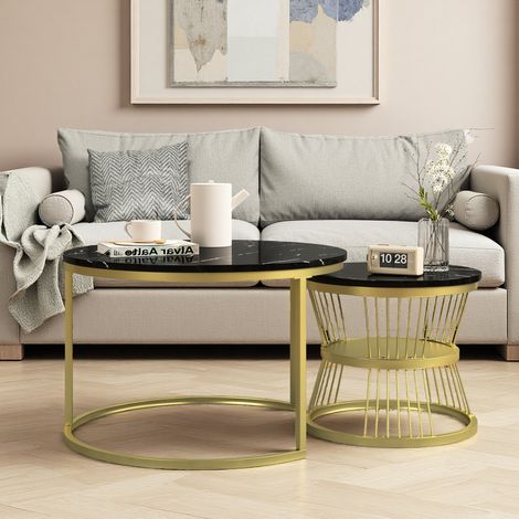 Lot de 2 Tables Basses Gigognes Rondes - Style Scandinave - 70 x 45 cm et 45 x 40 cm - Doré et Noir (1/5)