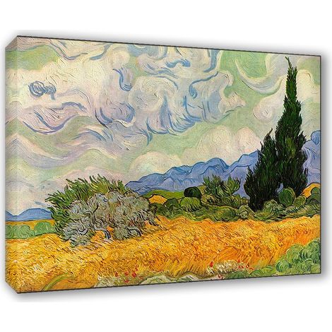 Lupia - Quadro su Tela il Meglio dell'Arte, 70x100 cm CAMPO DI GRANO CON CIPRESSI - VAN GOGH, Riproduzione d'Arte su Tela, Montato su Telaio in Legno 3 cm, Made in Italy (1/4)