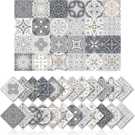 Cyslmuk – Lot de 24 autocollants carrelage 15x15 cm – Décoration murale adhésive en PVC imperméable – Carreaux de ciment vintage géométriques (1/5)