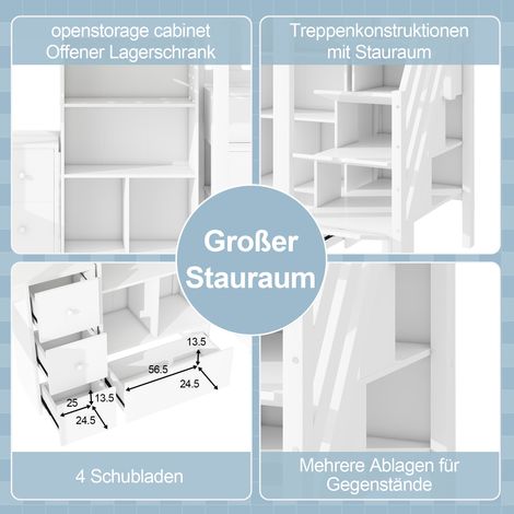 Lit mezzanine blanc 90x200 cm, sans matelas, certifié EN 747, avec rambarde, échelle escamotable, bureau intégré, tiroirs, étagères multiples, armoire ouverte.