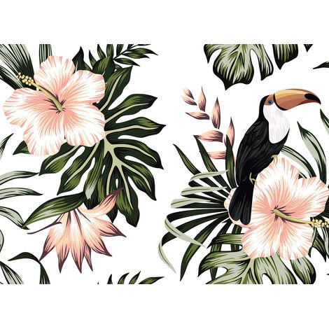 A.S. Creations – Papier peint panoramique nature – Décor mural XXL avec motifs toucan et floral – Résistant à la lumière – Pose collée facile (1/4)