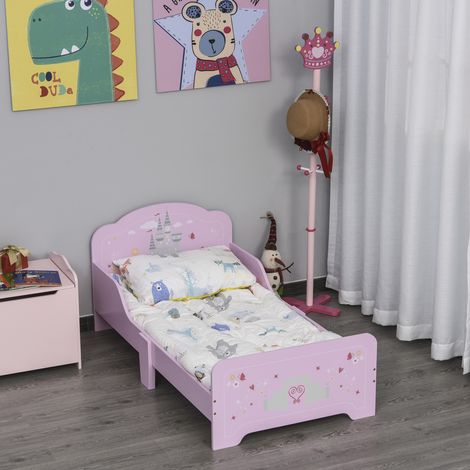 HOMCOM Lit enfant 140x70cm design princesse motif château, sommier à lattes inclus, MDF contre-plaqué, rose