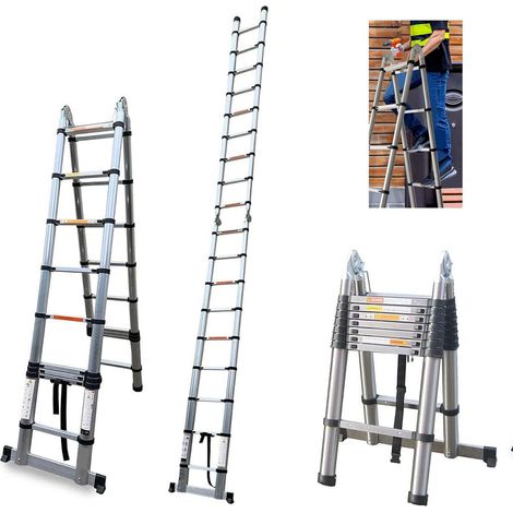 Échelle télescopique 5 m – Acier inoxydable – 16 marches – Charge max 330 lb – Norme de sécurité EN131 – Pieds antidérapants (1/5)