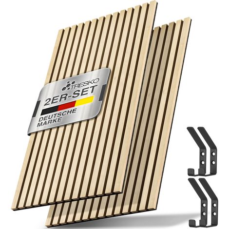 Tresko – Akustikpaneele 2 Stück 120×60 cm – Schallschutz Holzpaneele mit Kleiderhaken – Eiche hell 3D Lamellenwand – Einfache Montage (1/5)