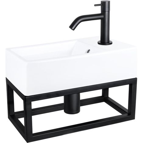 Differnz Force Set lave-mains 40x22x8cm 1 trou avec robinet courbé et siphon + bonde noir mat Rectangulaire Céramique Blanc (1/5)
