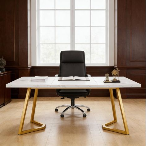 Escritorio de madera de ingenieria y metal blanco y dorado, estilo moderno, patas regulables,140x80x75cm (1/5)