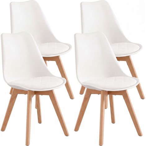 Chaises de Salle à Manger, Lot de 4, avec Coussin en Cuir PU, Pieds en Bois de Hêtre, 46,5 x 57 x 79 cm, Blanc (1/5)