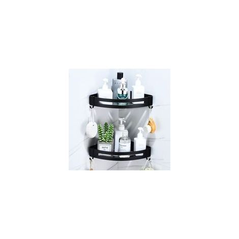 Etagere Salle de Bain Sans Percage, Étagère Murale Noire Douche Panier Rangement Angle Avec 4 Crochets Tablette D’angle Metal pour Rangement Douche, Étagère Cuisine (2 Niveaux,Triangle)