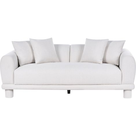 3 Seater Sofa Off-White Fabric with Extra Throw Cushions Upholstered Legs Retro Modern Decor Style PORI