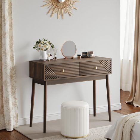Konsolentisch 100x35x80cm für flur und wohnzimmer - Mid-century modern schreibtisch mit 2 schubladen und ablage - Mdf und massivholzbeine - Walnuss (1/5)