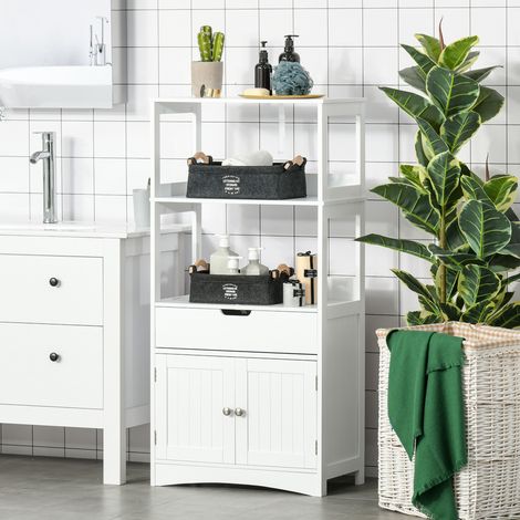 Meuble de salle de bain avec 3 étagères, un tiroir et 2 portes, meuble de rangement moderne à poser au sol pour la cuisine, la chambre ou le salon, 60 x 33 x 122,5 cm, blanc (1/5)