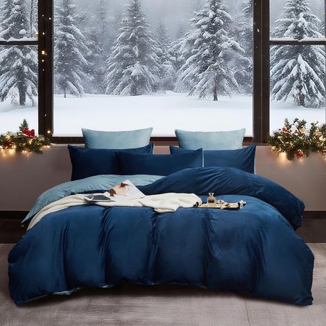 Housse de Couette Flanelle 220x240 Hiver Chaude Bleu Foncé Bleu (1/5)