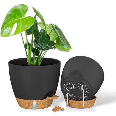 25 cm Pots de Plantes avec Trous de Drainage Soucoupe Jardinières Auto-Irrigantes avec Entrée d'eau Pot de Fleurs en Plastique pour Plantes d'Intérieur et d'Extérieur (Lot de 2, Noir) (1/5)