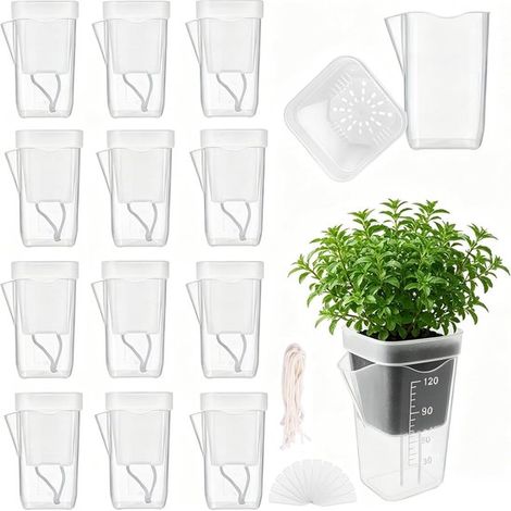 Pots à arrosage automatique 12 pièces – Pots de culture avec réservoir d’eau transparent et corde d’arrosage – 12 étiquettes pour plantes – Pour plantes d’intérieur herbes et semis (1/5)
