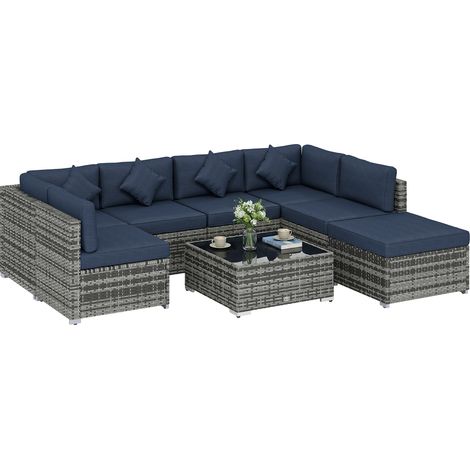 Outsunny 8 Pieces Patio Rattan Sofa Set Garden Furniture Set for Outdoor Dark Blue