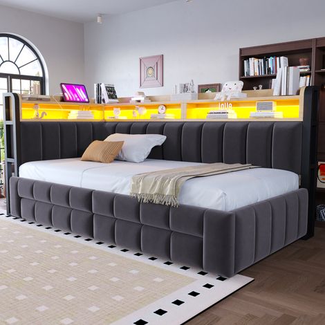 Lit Banquette Extensible 90/180x200 cm, 2 Tiroirs, LED, USB et USB-C, Rangements Intégrés, Velours, pour Petit Espace - Gris Foncé (1/5)