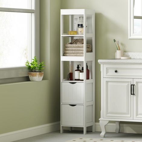 Meuble de rangement salle de bain, Armoire haute étroite 30x30x141cm 2 tiroirs 3 casiers ouverts, Blanc petit espace salon (1/5)
