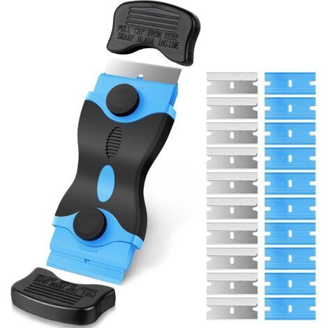 Blue ceramic stove scraper with 20 replacement blades for removing labels, decals and stickers. (1/5)